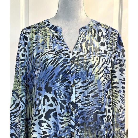 Roz & Ali Animal Print Blouse Top Front Knot Button Up Blue Size L New - Picture 2 of 12
